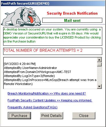 SecureGURU Breach Detection Dialog
