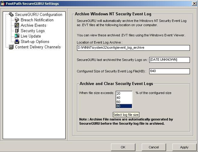 SecureGURU Security Event-Log Archive Settings